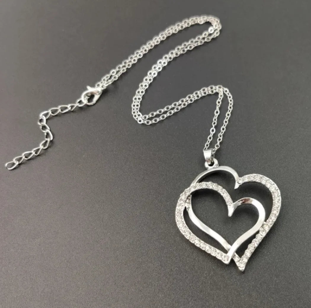 Silver Double Heart Pendant with Crystals