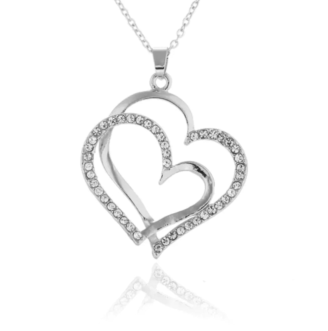 Silver Double Heart Pendant with Crystals