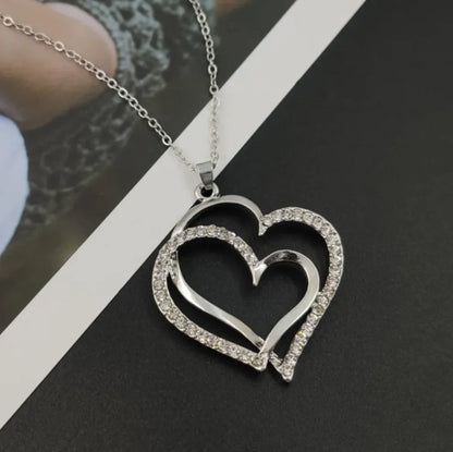 Silver Double Heart Pendant with Crystals